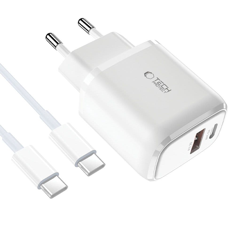 Tech-Protect C20W polnilec USB-C PD 20W / USB-A QC 3.0 s kablom USB-C / USB-C - bel 2