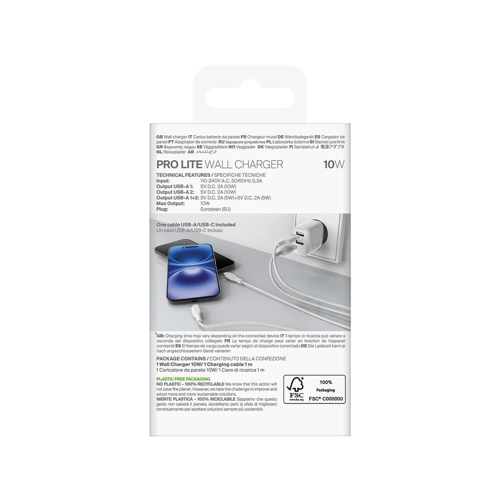 Puro PROLITE 10W stenski polnilnik, 2xUSB-A + kabel USB-A/USB-C 1.2m, bel 3