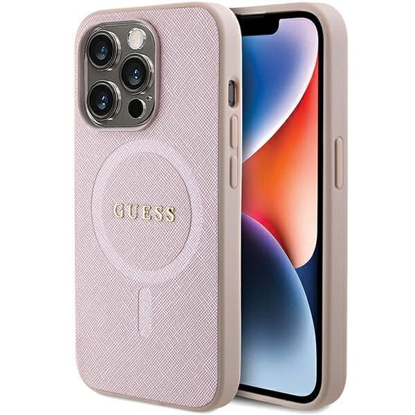 Guess Saffiano MagSafe ovitek za iPhone 15 Pro - roza