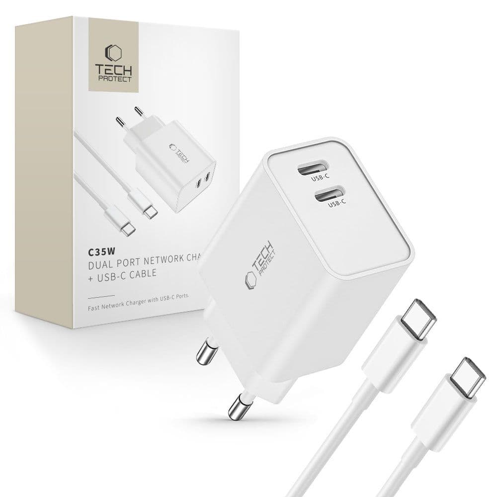 Tech-Protect C35W PD polnilnik 2x USB-C, 35W, s kablom USB-C/USB-C