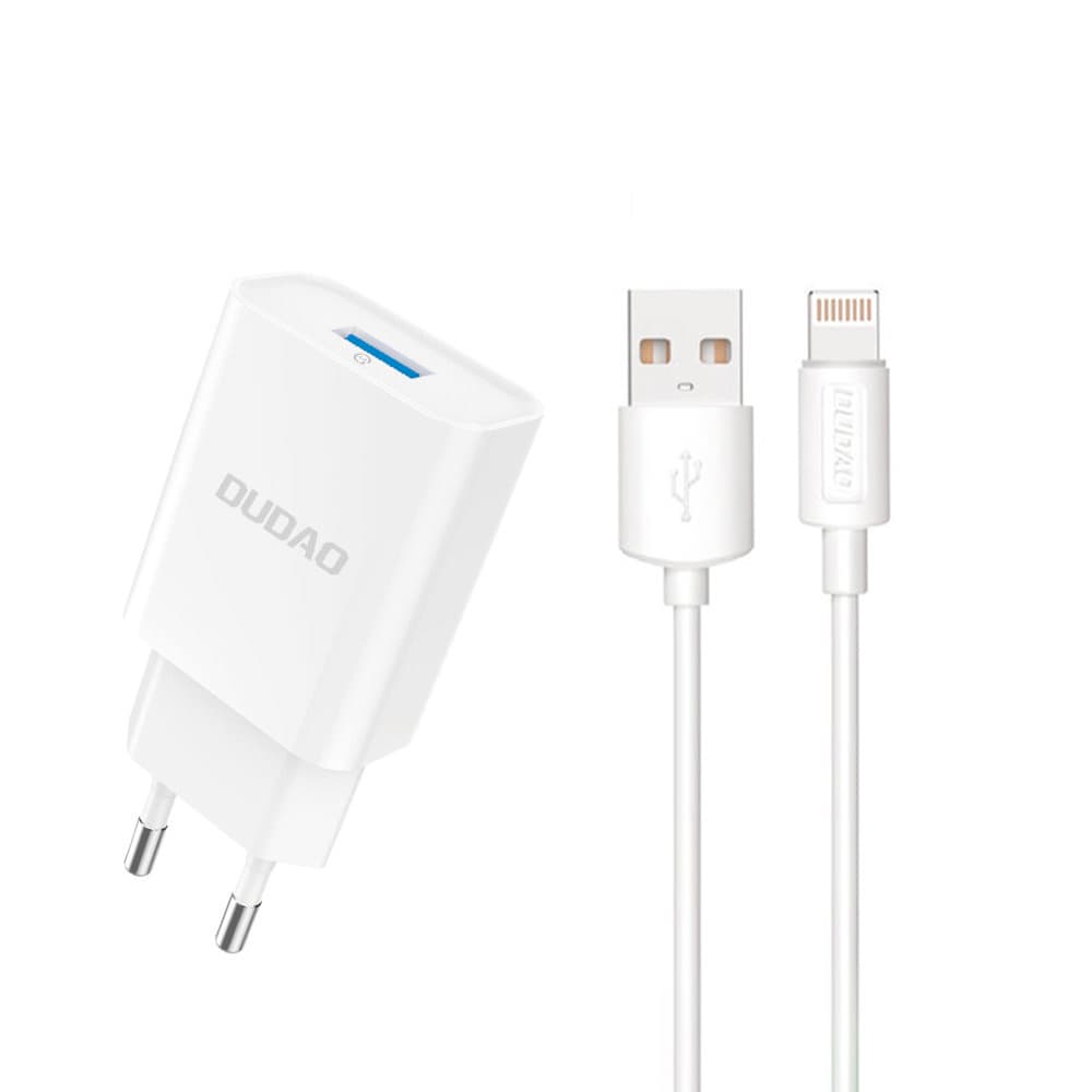 Dudao A4EU USB-A 2.1A zidni polnilnik - bel + USB-A - Lightning kabel