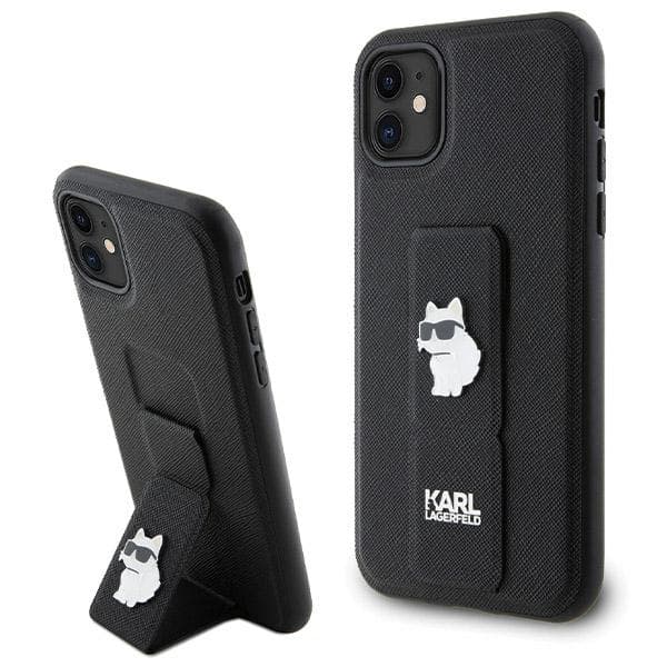 Karl Lagerfeld Ohišje 'Gripstand Saffiano Choupette Pins' za iPhone 11 / Xr - črna