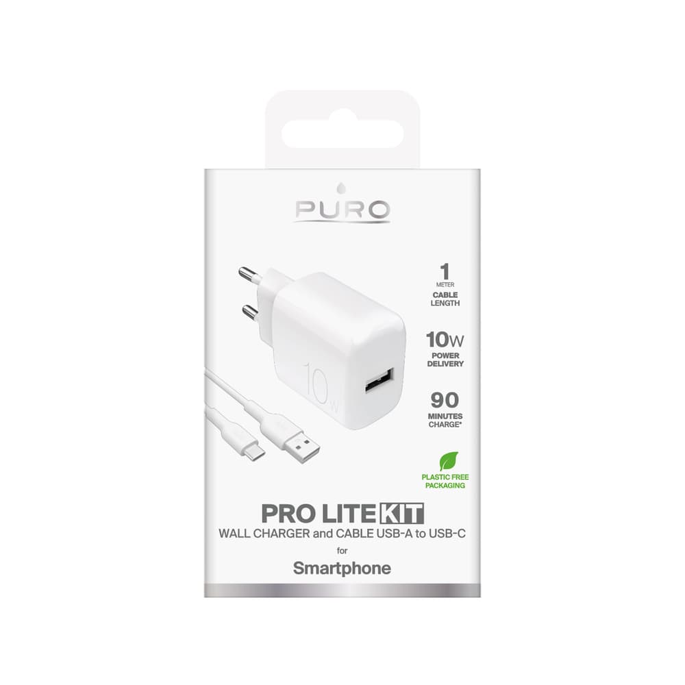 Puro PROLITE 10W USB-A polnilnik + kabel USB-A/USB-C 1.2m, bel 2