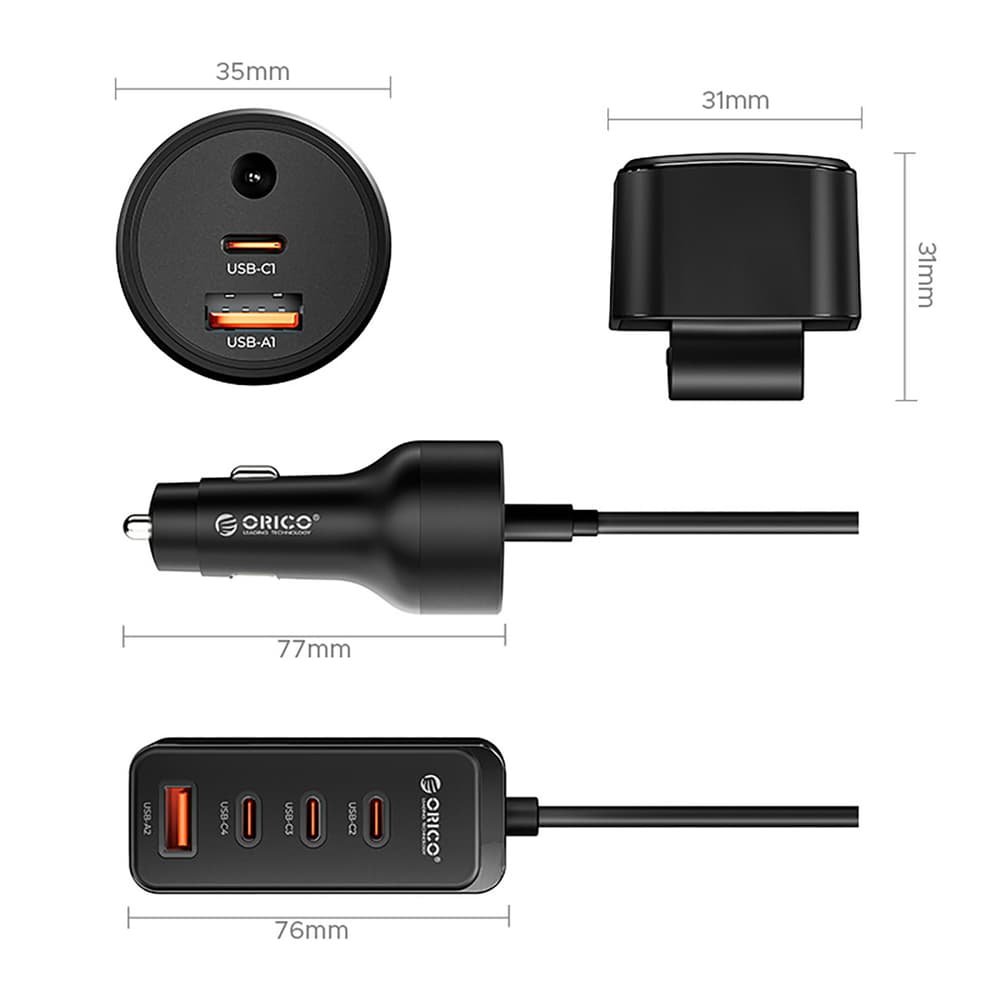 Orico ChargeClip 108W avtomobilski polnilnik, 2x USB-A + 4x USB-C s sponko - črn 2
