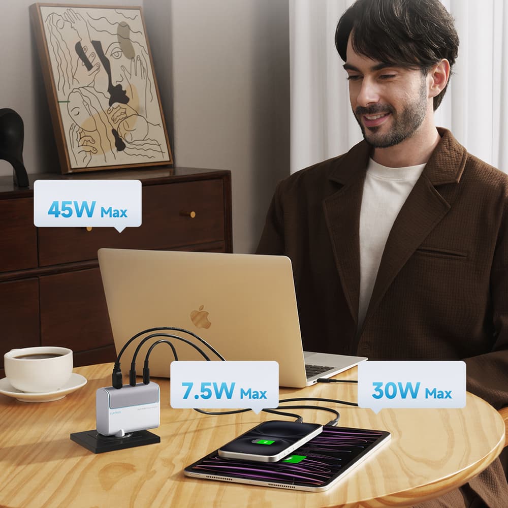 Cuktech AD1003EU 100W GaN zidni polnilnik, 2xUSB-C + USB-A s kablom, bel 5