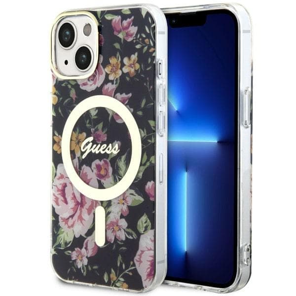 Guess ovitek za iPhone 14 Plus 6.7" črn Flower MagSafe