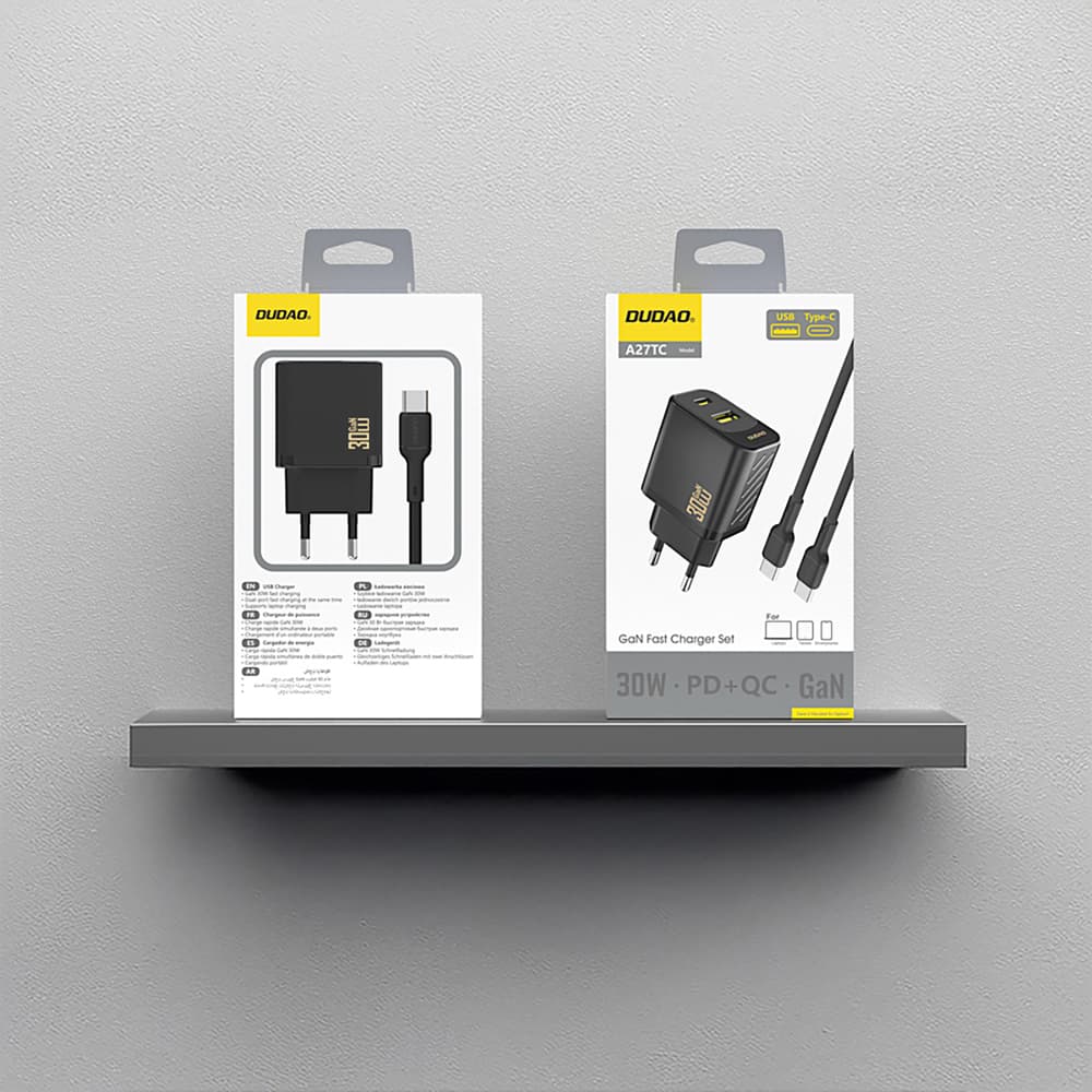 Dudao A27TCEU PD 30W GaN stenski polnilnik USB-A + USB-C s kablom USB-C, črn 3