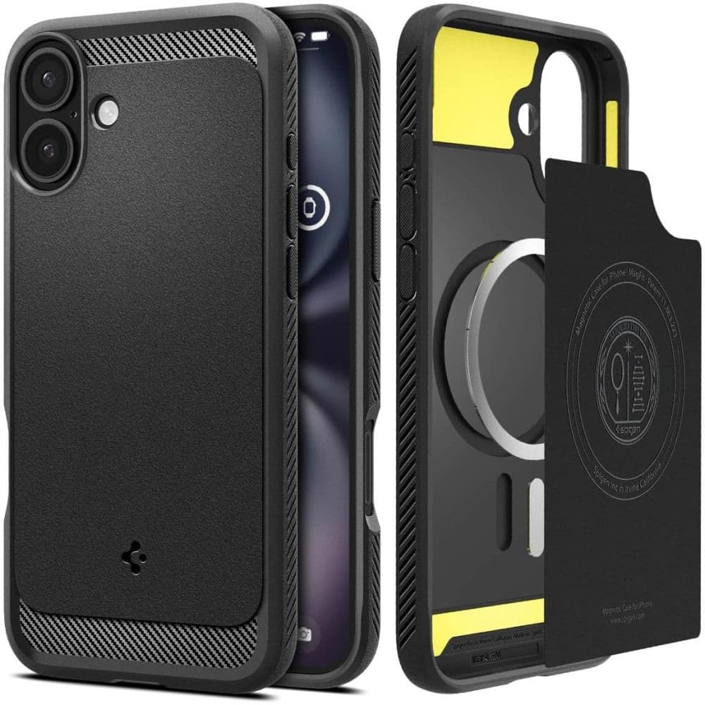Pritrden ovitek Spigen Rugged Armor MagSafe za iPhone 16 - črn