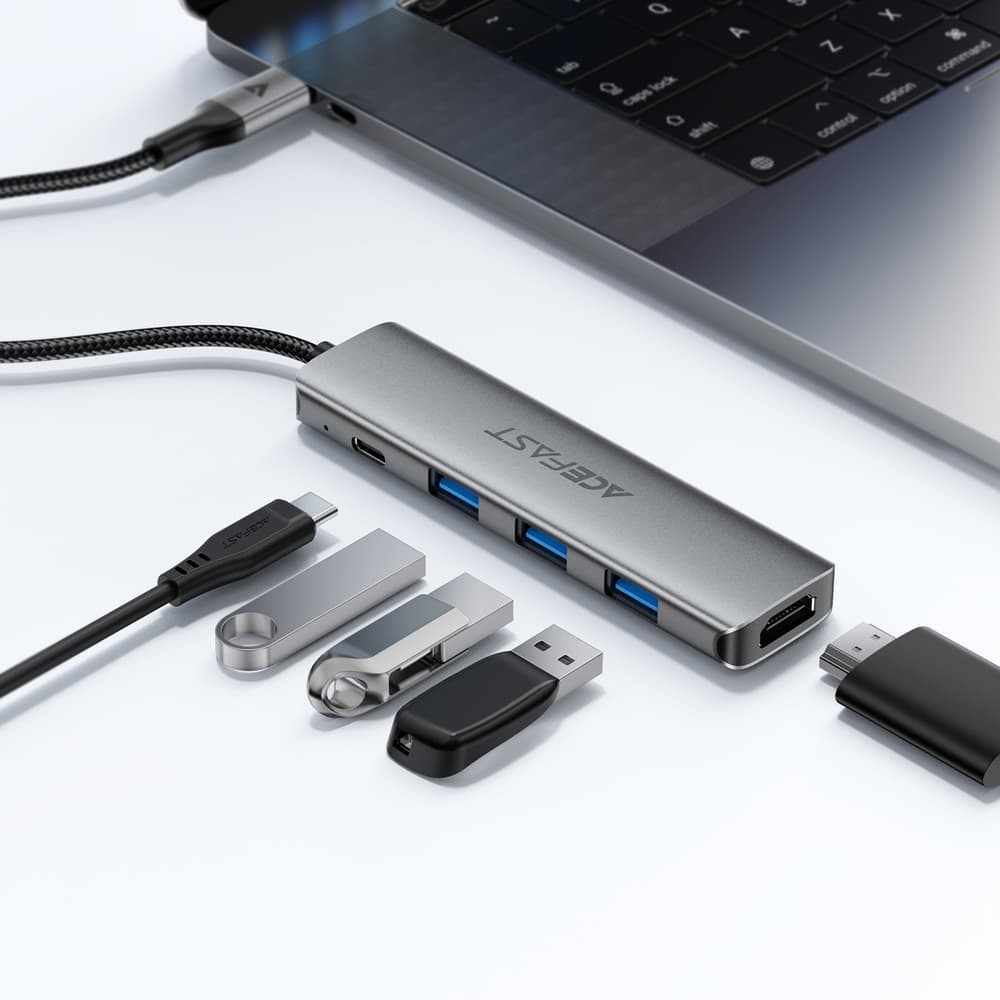 Acefast J16 USB-C Hub 5-v-1, HDMI 4K 60Hz, PD 90W, siva 7