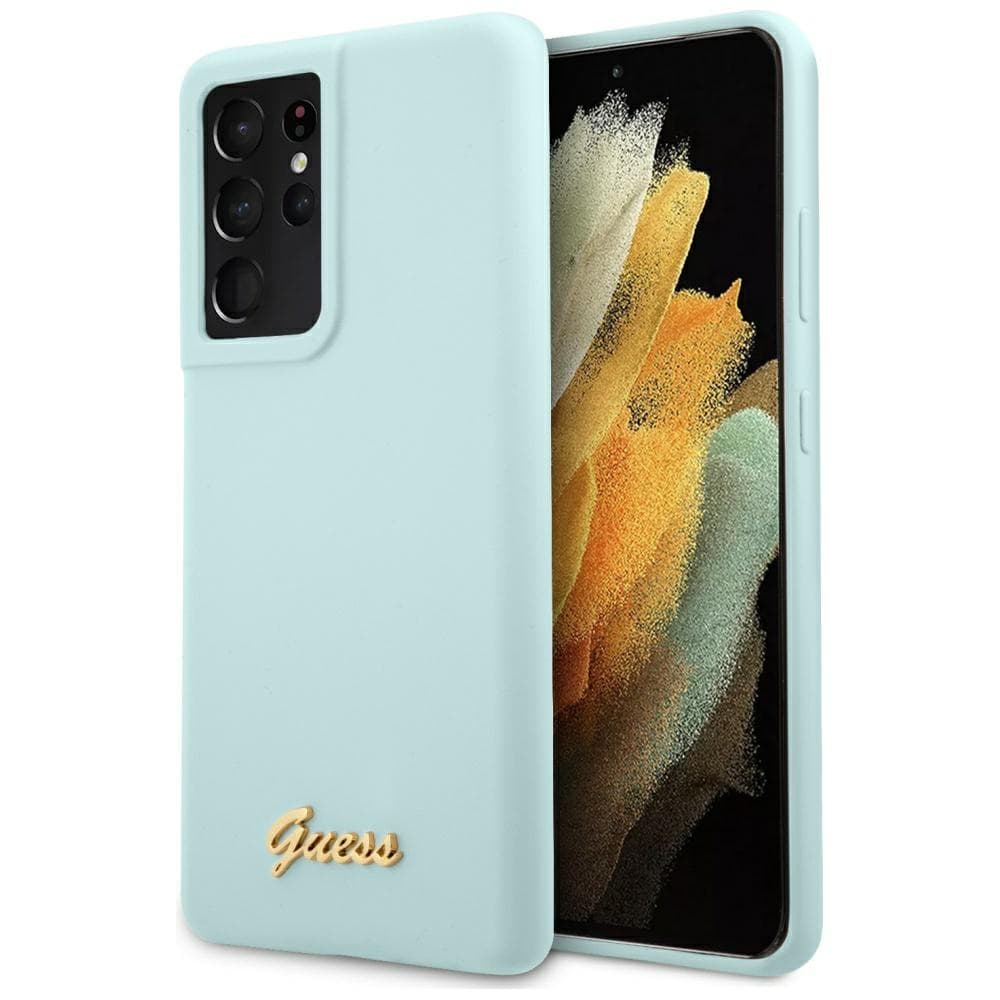 Ovitek Guess Silicone Script Metal Logo za Samsung Galaxy S21 Ultra - Modra