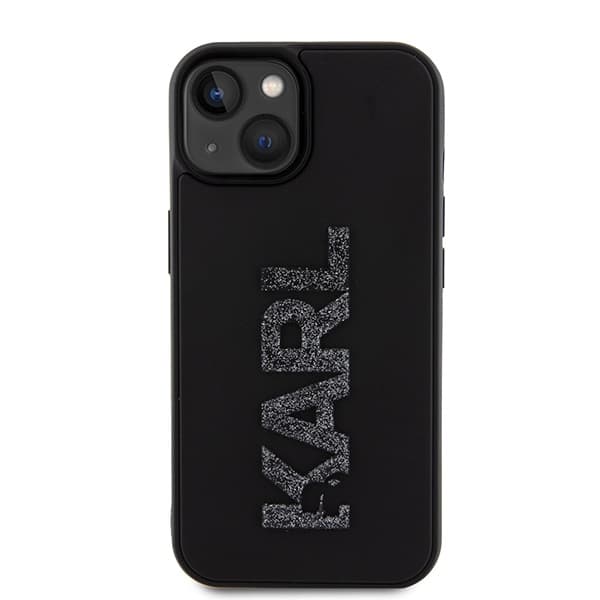 Ovitek Karl Lagerfeld 3D Rubber Glitter Logo za iPhone 15 - črna 3