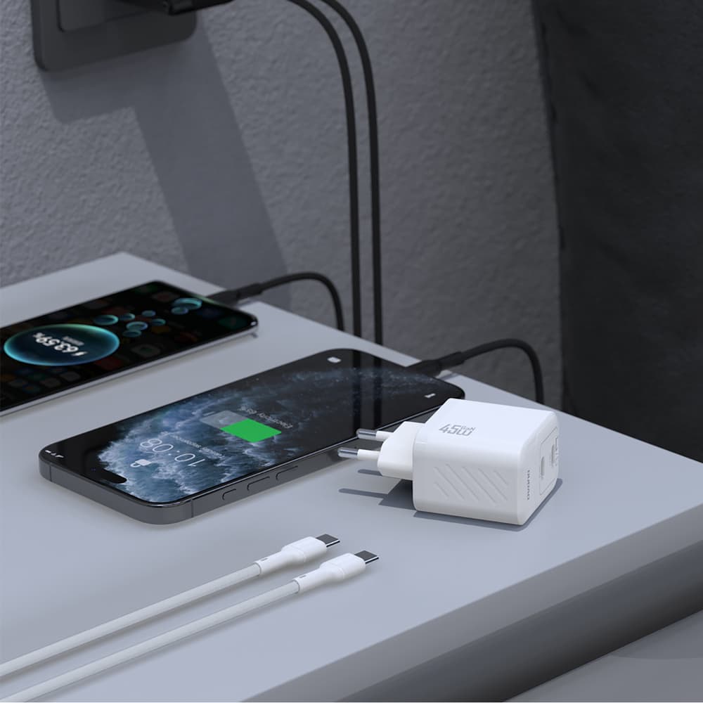 Dudao A28PCEU PD 45W GaN 2xUSB-C stenski polnilnik z USB-C kablom - bela 3