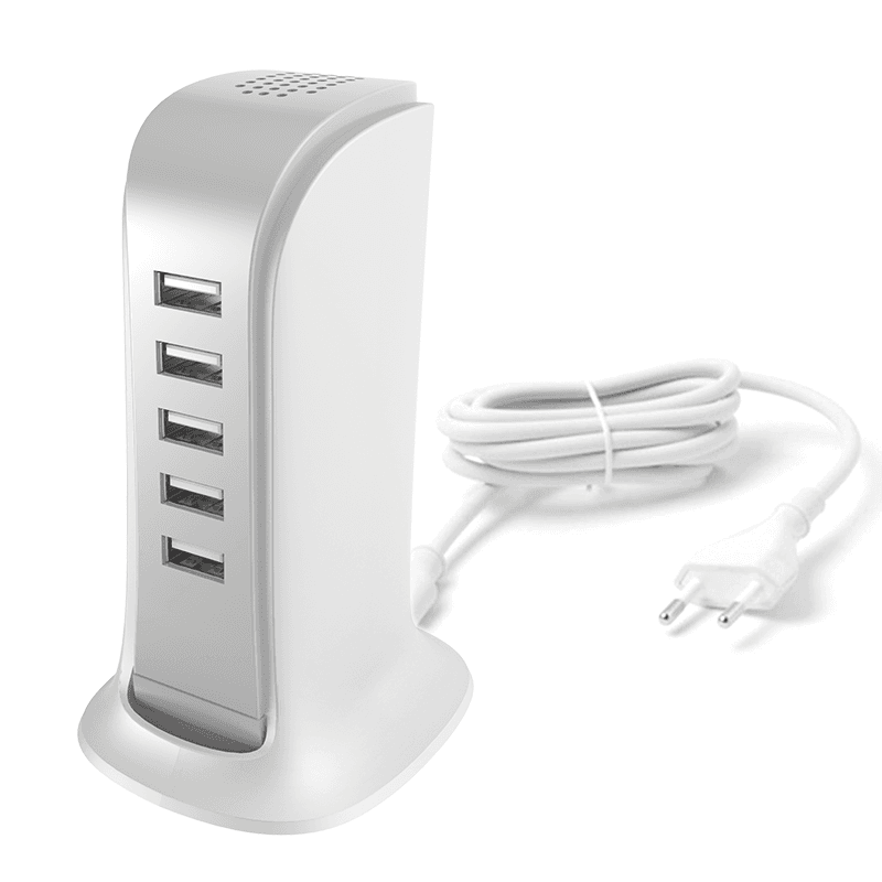 Dudao 5-portni USB polnilnik z vgrajenim kablom, bel (A5EU)