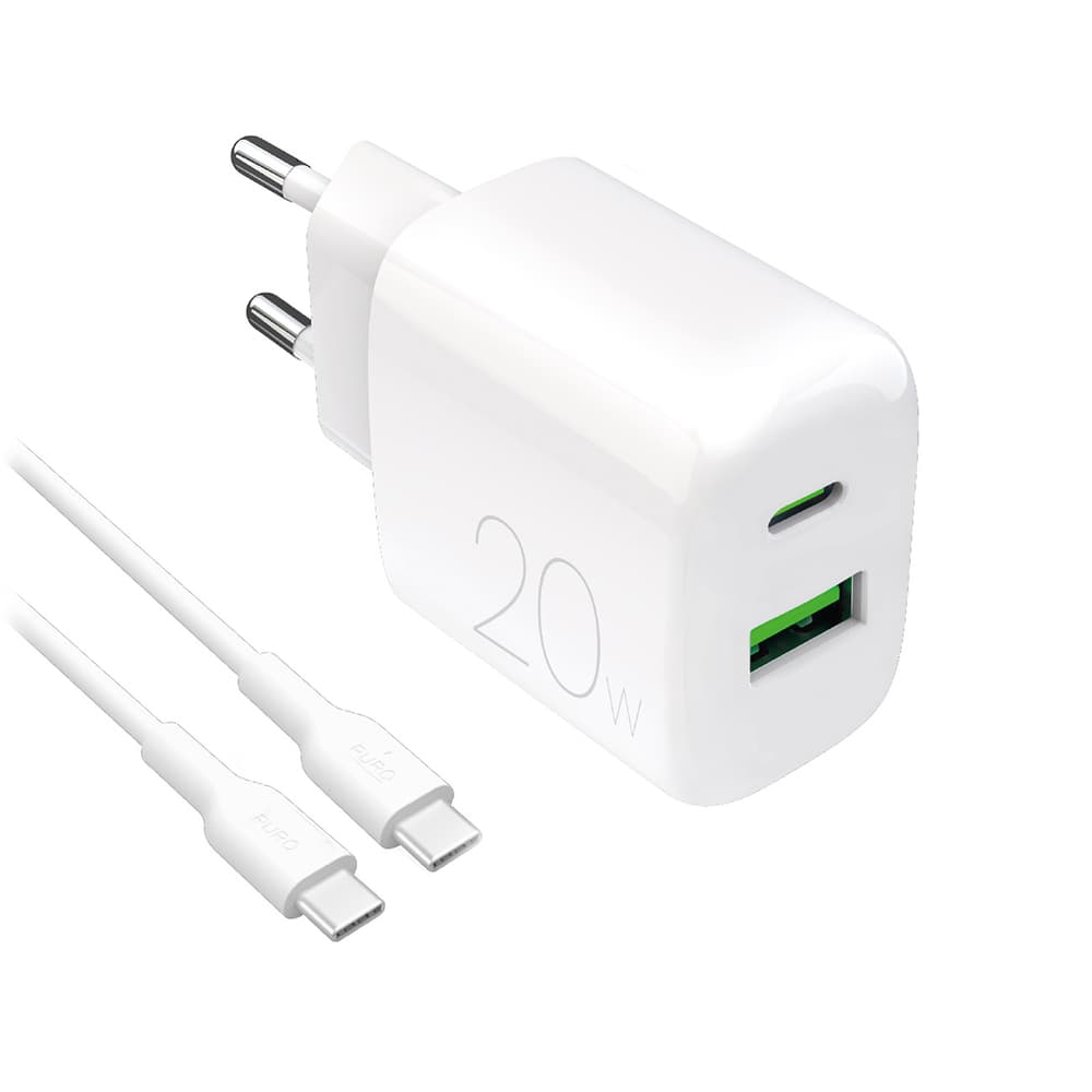 Puro PROLITE 20W USB-A/USB-C polnilnik + kabel USB-C/USB-C 1.2m, bel