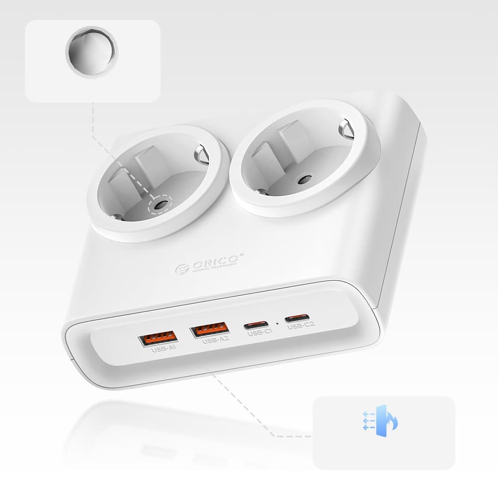 Orico PDC25 25W 6in1 napajalnik: 2x AC + 2x USB-A + 2x USB-C, bel 2