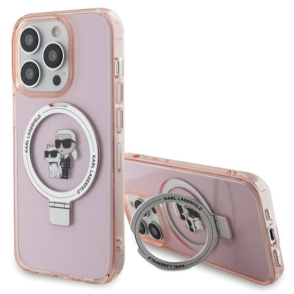 Karl Lagerfeld ovitek za iPhone 15 Pro 6.1" Ring Stand Karl & Choupette MagSafe, roza