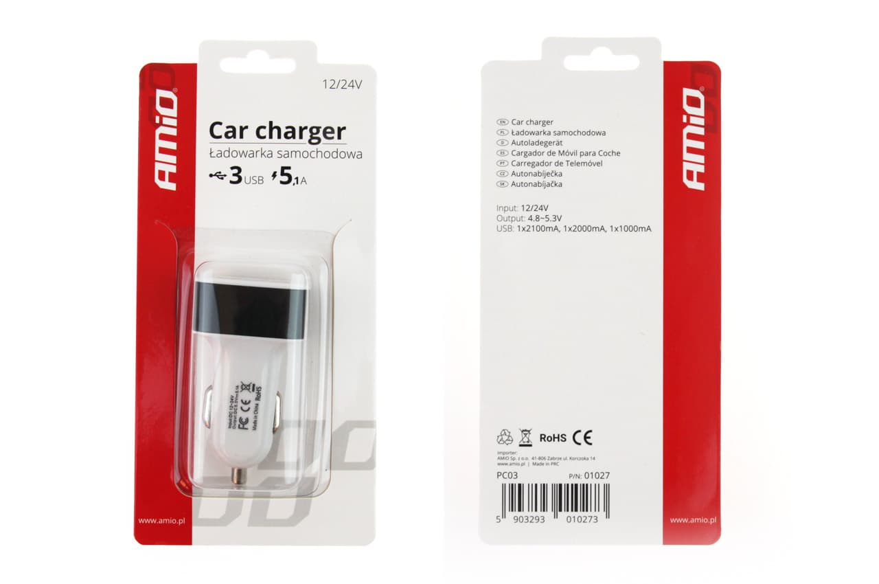 Avtomobilski polnilnik AMiO PCH-03, 3x USB, bela 3