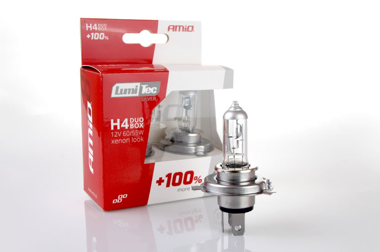 Avtomobilske halogen žarnice AMiO H4 LumiTec Silver +100% (E1) duo box 3