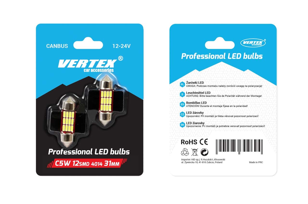 LED žarnica AMiO CANBUS Festoon C5W (31mm), bela, 12V/24V, 12x SMD 4014 2