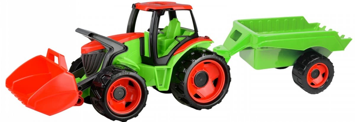 Traktor s sprednjo žlico in prikolico, rdeče-zelen