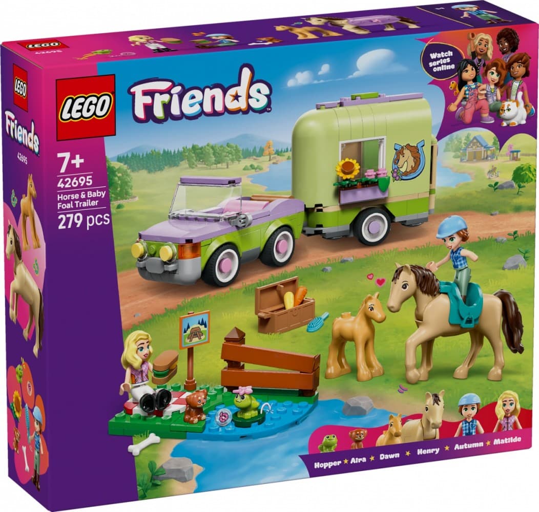 LEGO Friends 42695: Priklopnik za konje s konjem in žrebičkom