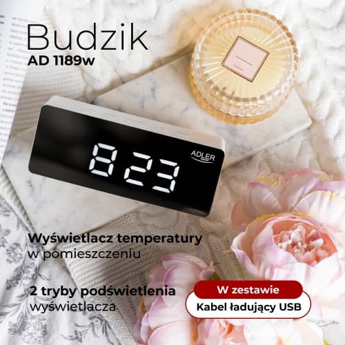 ADLER AD 1189 - Digitalna budilka z LED zaslonom in termometrom, bela 2