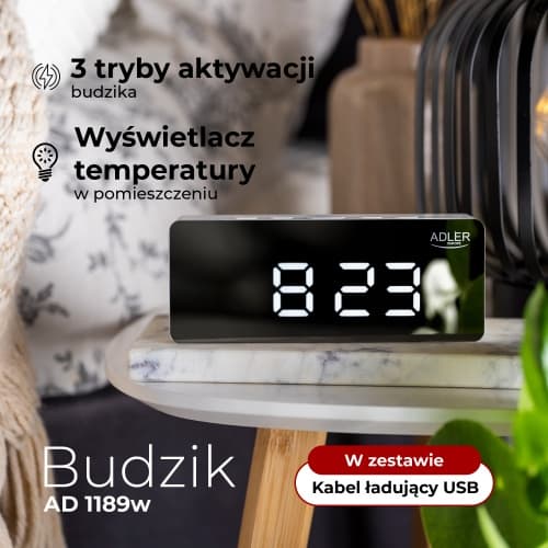 ADLER AD 1189 - Digitalna budilka z LED zaslonom in termometrom, bela 3