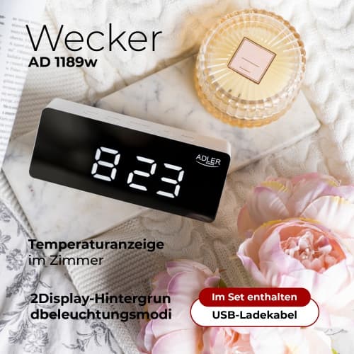 ADLER AD 1189 - Digitalna budilka z LED zaslonom in termometrom, bela 7