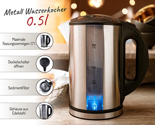 ADLER Električni kuhalnik AD 1216, 1.7 L, nerjaveče jeklo, LED 3