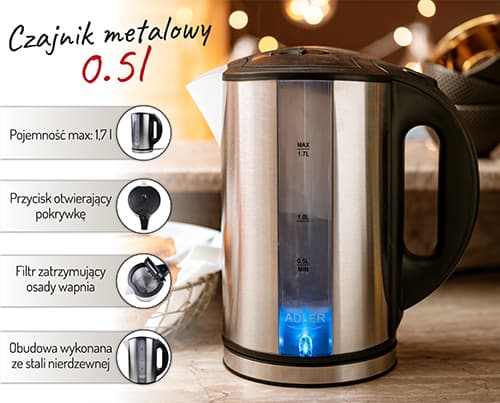 ADLER Električni kuhalnik AD 1216, 1.7 L, nerjaveče jeklo, LED 4