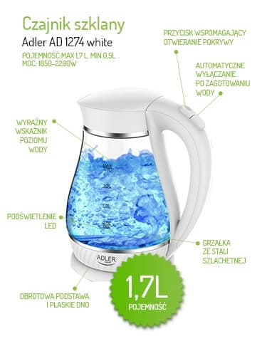 ADLER AD 1274 White Stekleni kuhalnik, 1,7 L 5