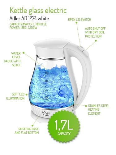 ADLER AD 1274 White Stekleni kuhalnik, 1,7 L 6
