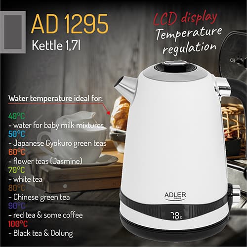 ADLER AD 1295 Kuhalo za vodo, 1,7 l, LCD in regulacija temperature, belo 8