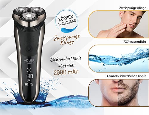 Brivnik ADLER AD 2933, 3 glave, LCD, polnilen, srebrn 8