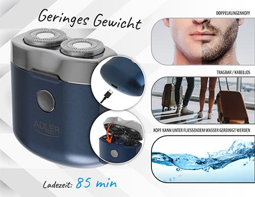 Potovalni brivnik ADLER AD 2937, 2 glavi, USB polnilna 7