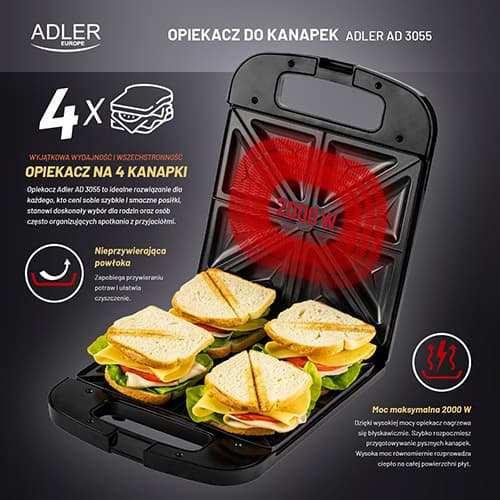 ADLER AD 3055 Pekač za sendviče, 2000 W 3