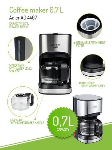 Adler AD 4407 - Prekuhavalnik kave, 0,7L, 550W 5