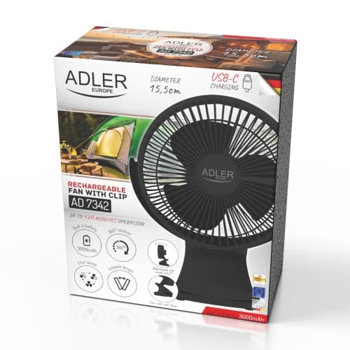 ADLER AD 7342 črn namizni ventilator s sponko, 15,5 cm, USB-C 5