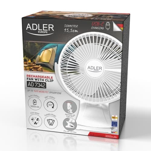 ADLER AD 7342 bel namizni ventilator s sponko, 15,5 cm, USB-C 5