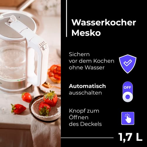 MESKO MS 1301 Steklen kuhalnik z regulacijo temperature, 1,7 l, bela 6