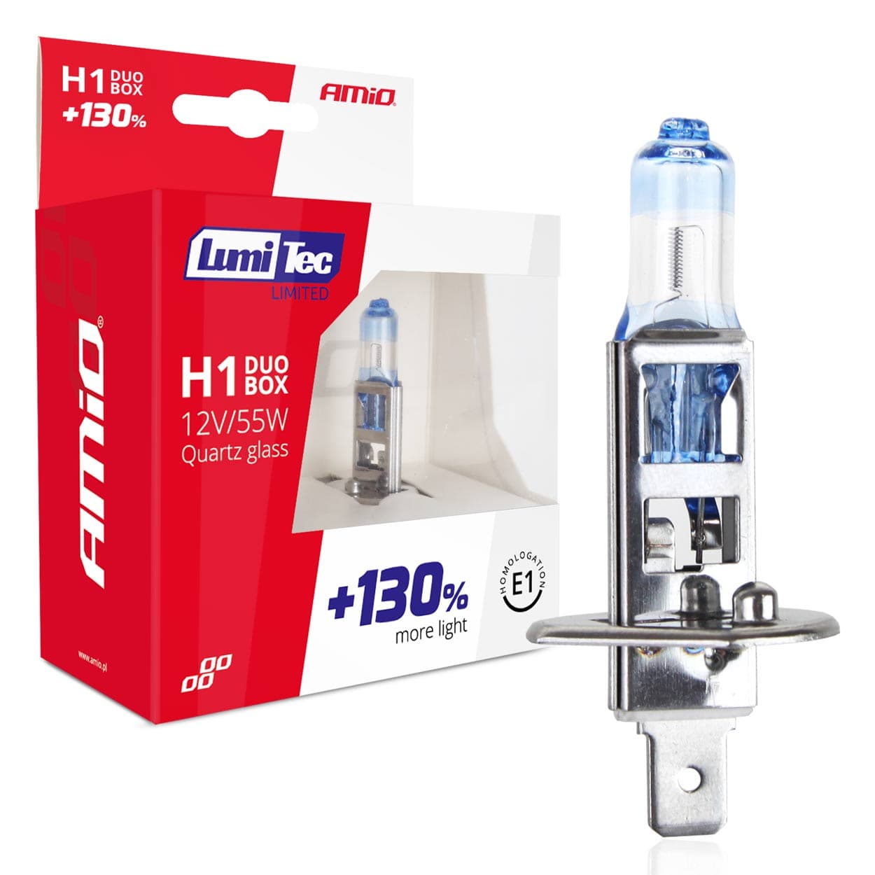 Avtomobilske halogen žarnice AMiO H1 LumiTec Limited +130% (E1) duo