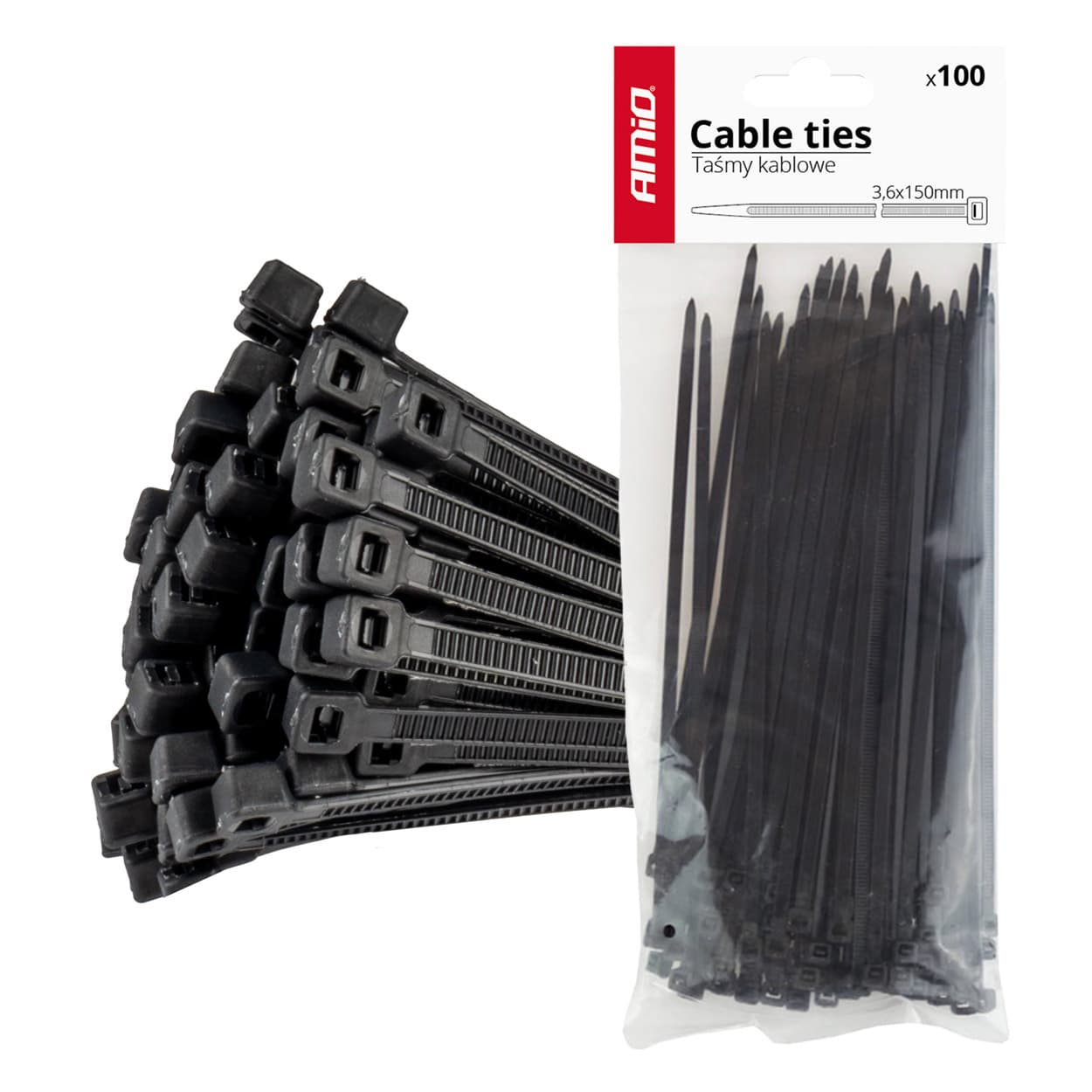 AMiO vezice za kable, črne, 3,6x150mm - 100 kos.