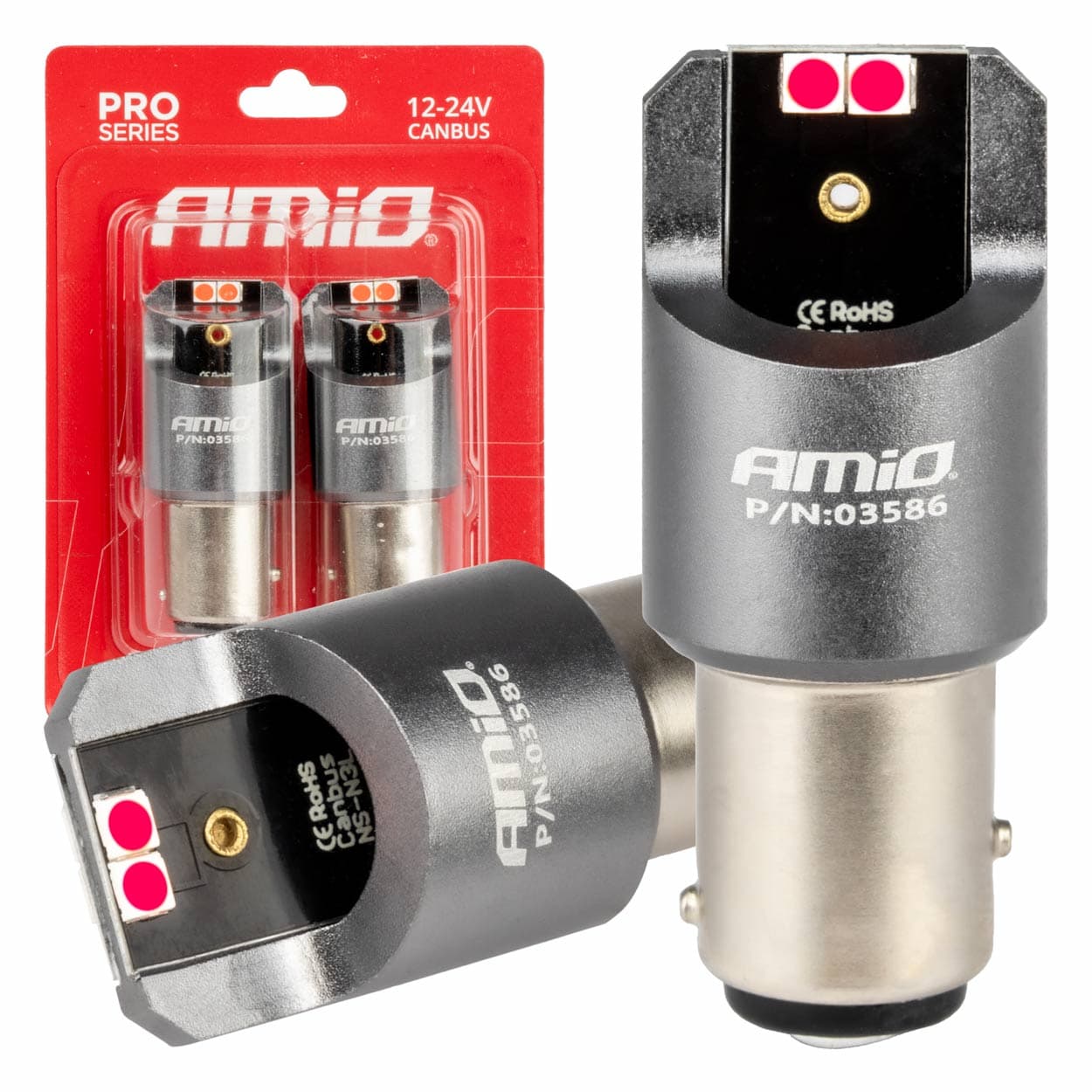 Avto LED žarnici AMiO P21/5W BAY15D Canbus Pro, 4x3030 SMD, rdeče, 12V/24V
