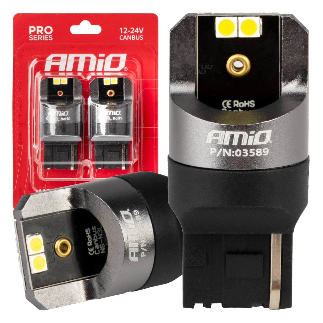 LED žarnica AMiO 7440 W21W Canbus Pro 4x3030 SMD, bela, 12V/24V