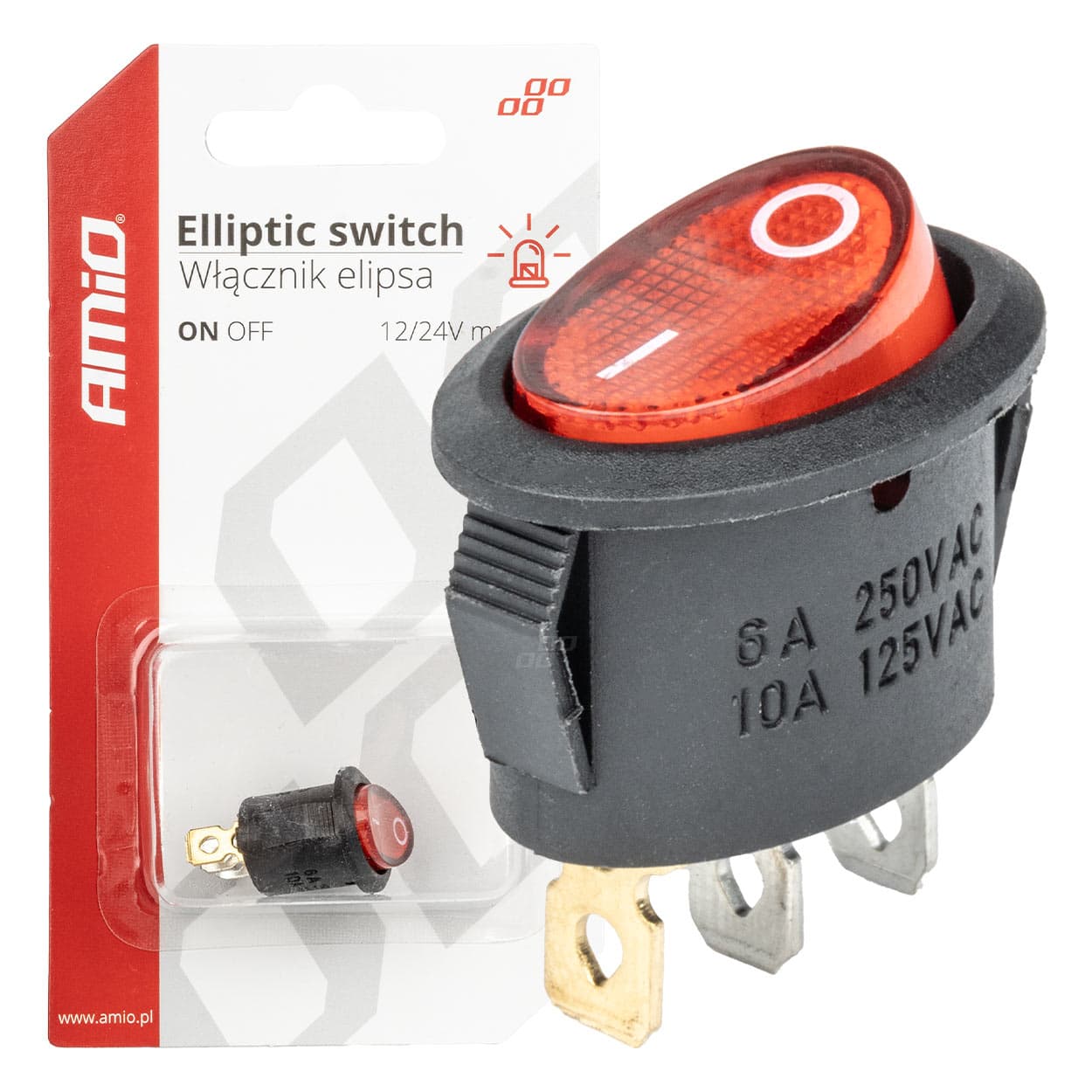 Ovalni vklopno-izklopni stikalo AMiO, rdeče, osvetljeno, 12V/230V