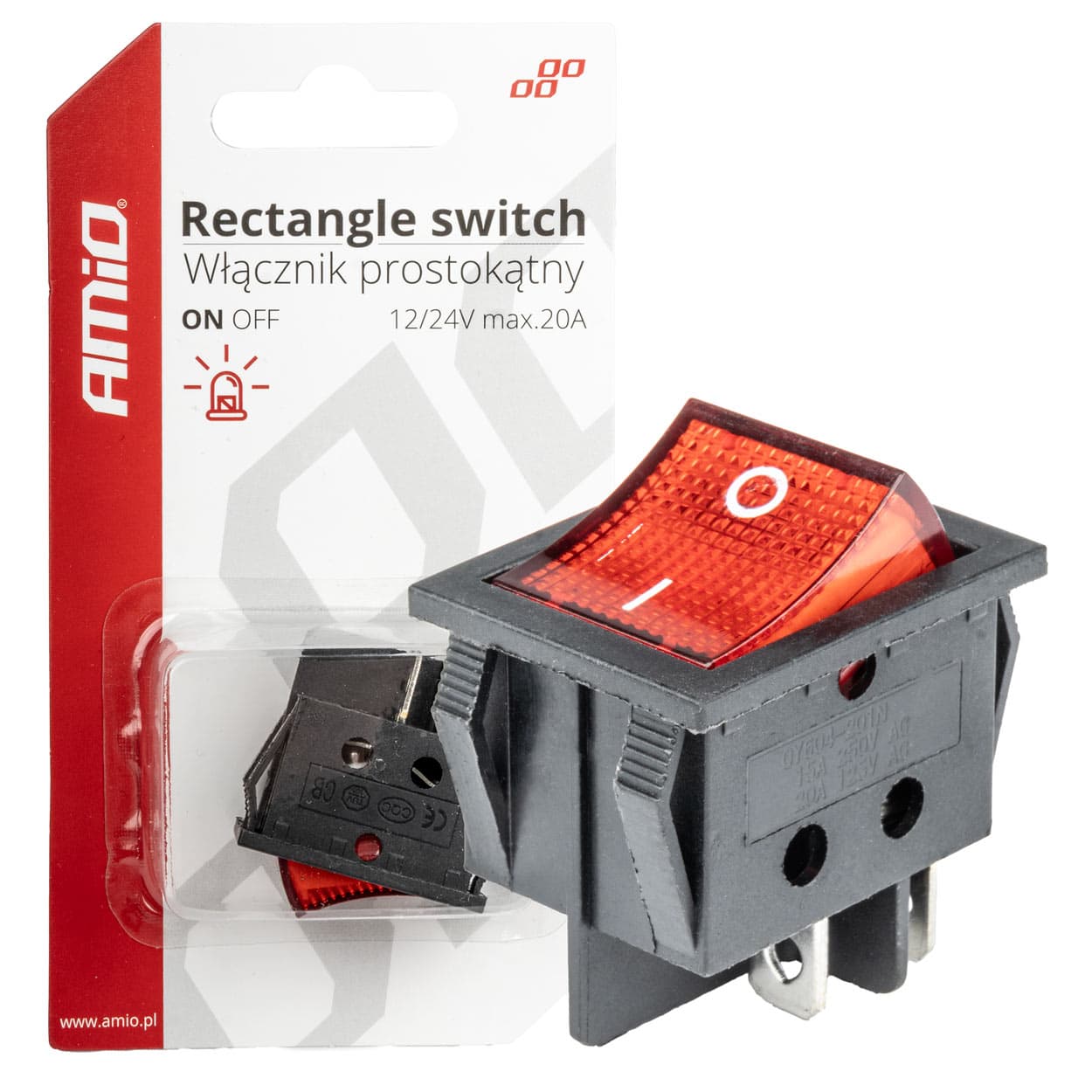 Pravokotno vklopno-izklopno stikalo AMiO, rdeče, osvetljeno, 12V/230V