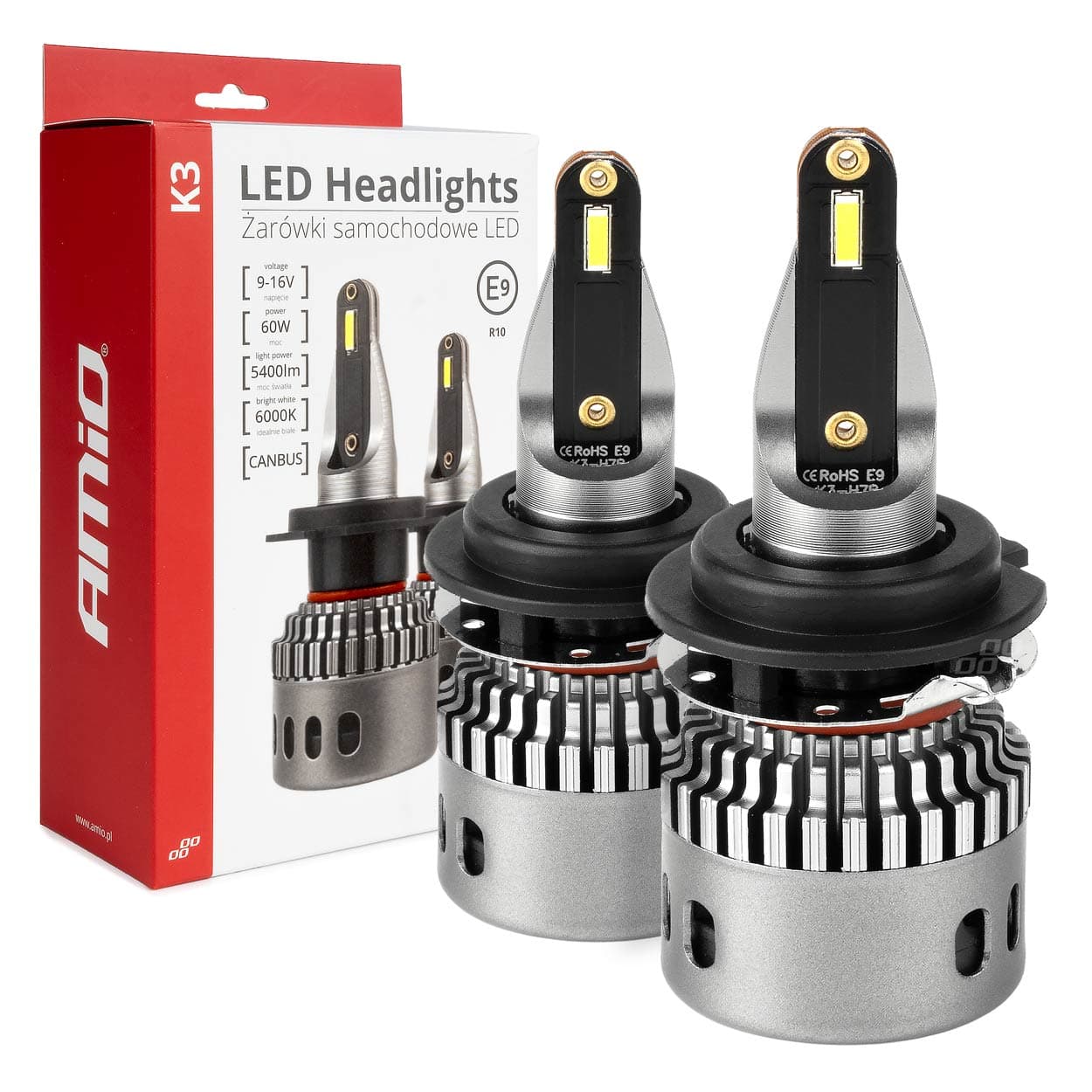 LED žarnica AMiO K3 H7-6 Canbus, z adapterjem, 12V, 6000K