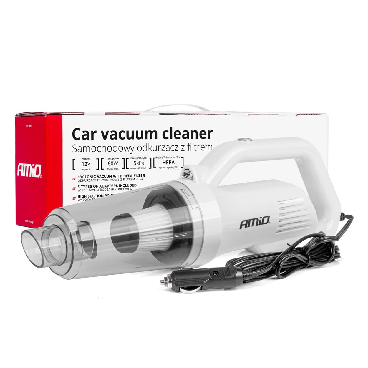 AMiO Avtomobilski sesalnik 12V, 60W, HEPA filter, 5kPa