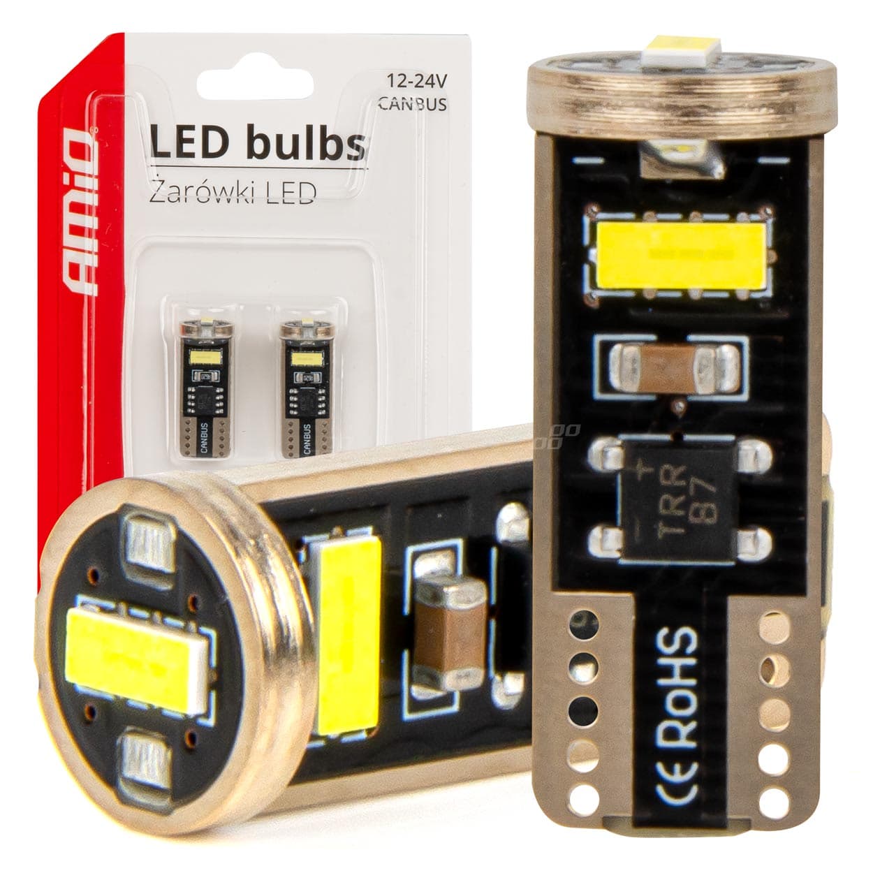 LED žarnici Canbus T10E W5W AMiO (3x SMD 2055, 12V/24V)