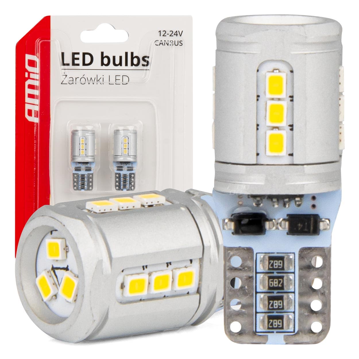LED žarnici Canbus T10E W5W AMiO (15x SMD 2016, 12V/24V)